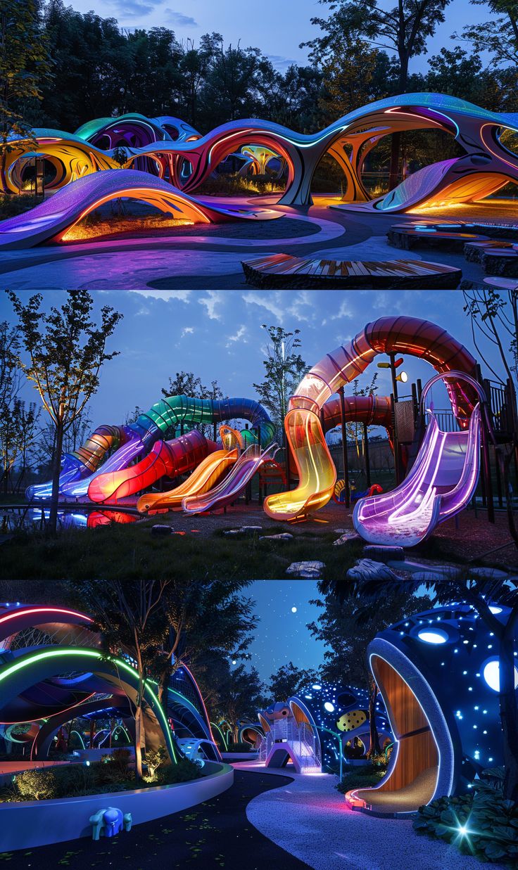 Illuminated playground structures at night