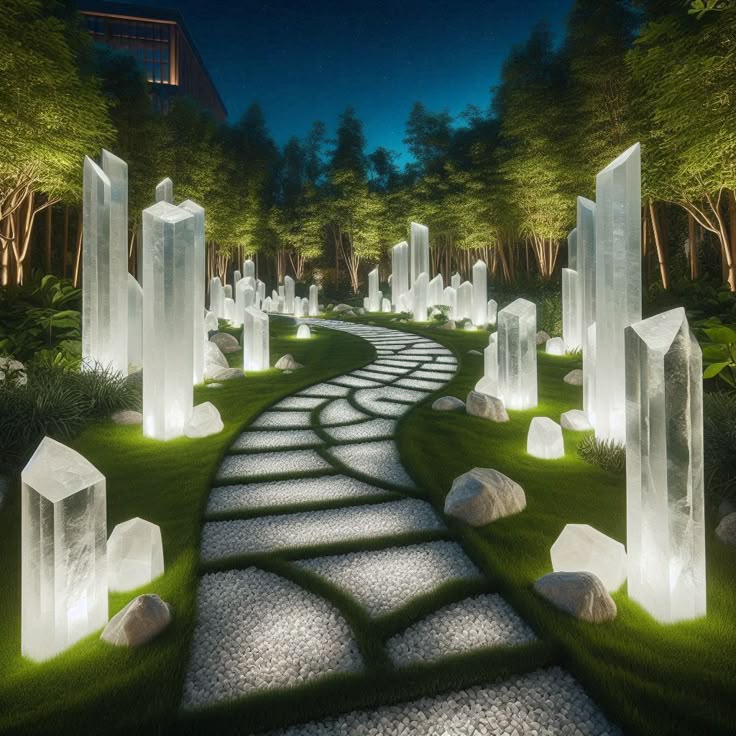 Crystal garden pathway at dusk