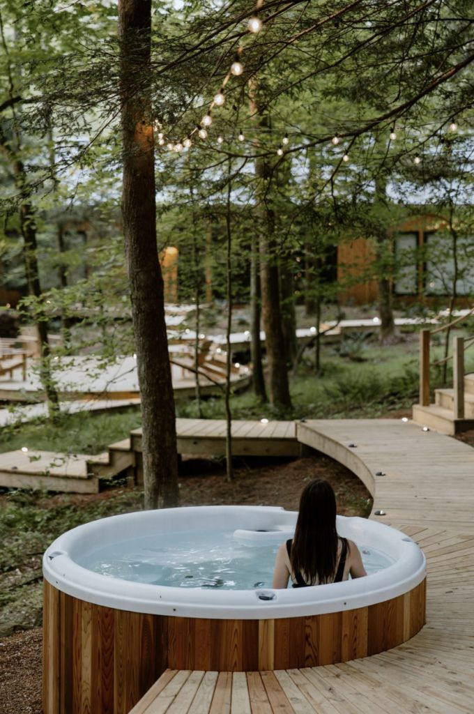 Outdoor hot tub in forest setting