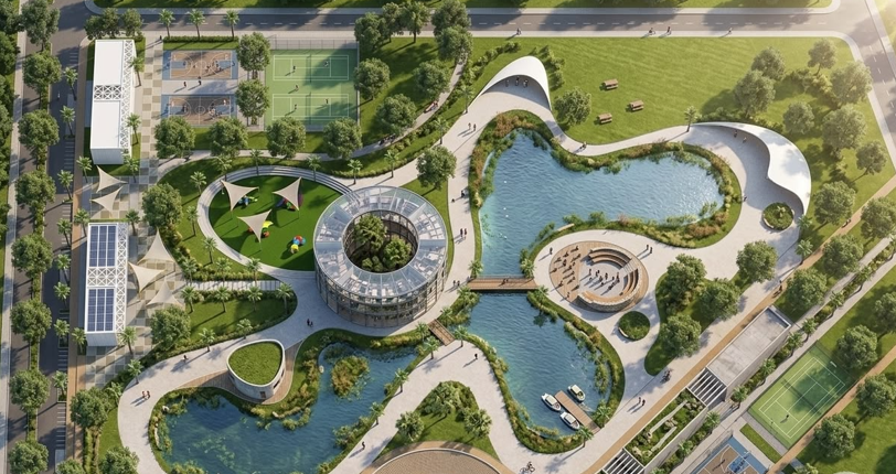 Quakk Hub concept — aerial view of eco-resort layout